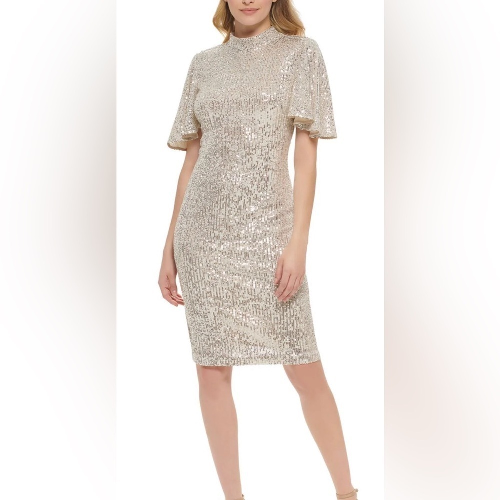 ELIZA J Silver Sequin Sheath Flutter Sleeve Mock Neck cocktail Mini dress 8 NWT